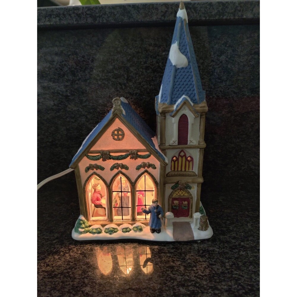 Vintage Porcelain Collectible Lighted ~10" Church Hand Painted Lights Music